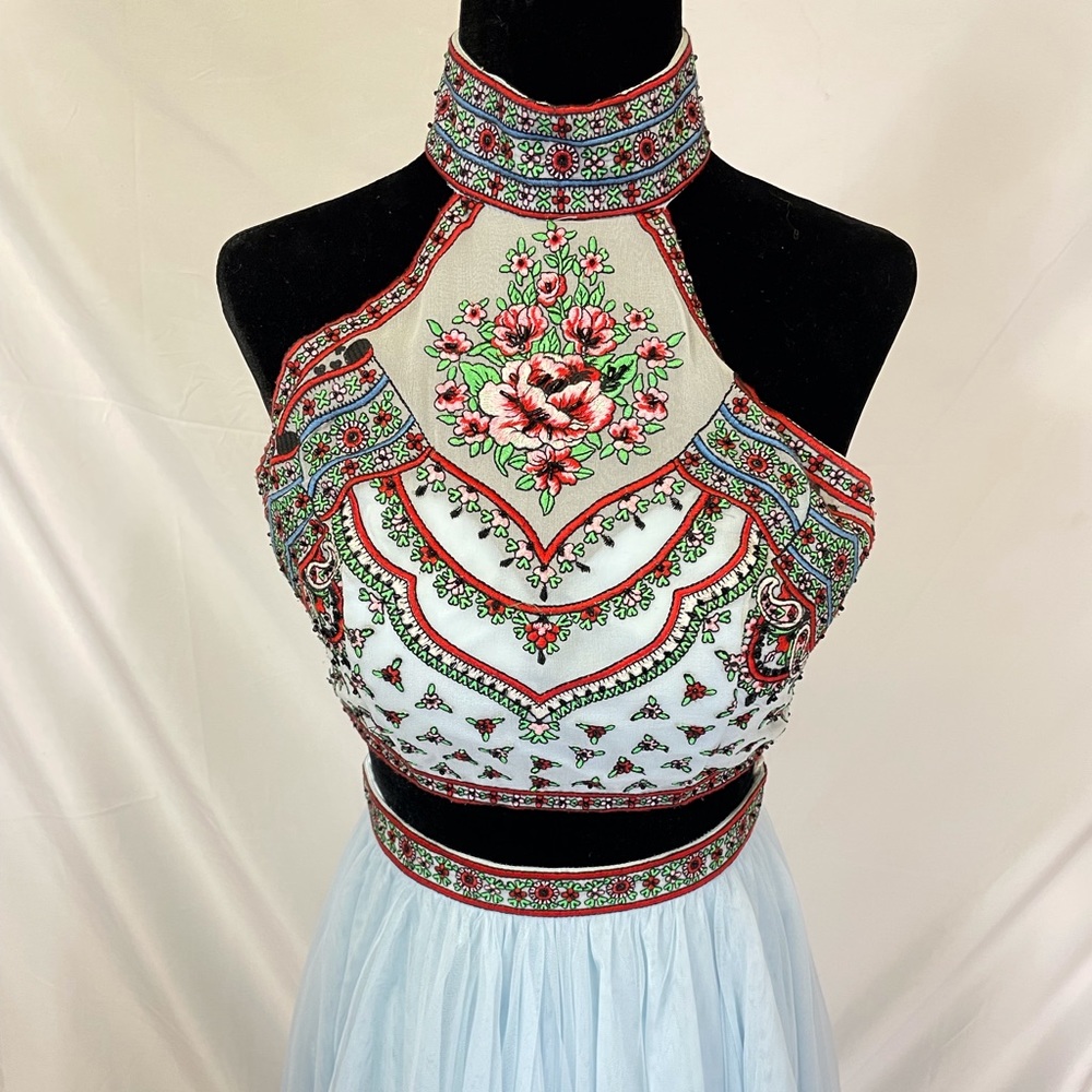 Sherri Hill Bohemian inspired two piece with embroidered high neck halter